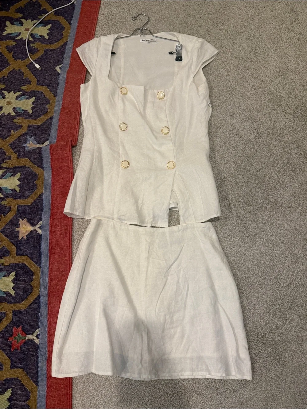 Reformation Cream Two-Piece Linen Skirt Set with Gold Buttons
